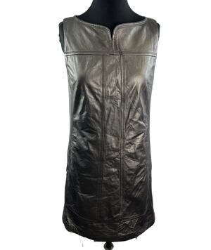 Elie Tahari Asphalt Black Mini Shift Dress Leather Split Neck Back Zip Size 6